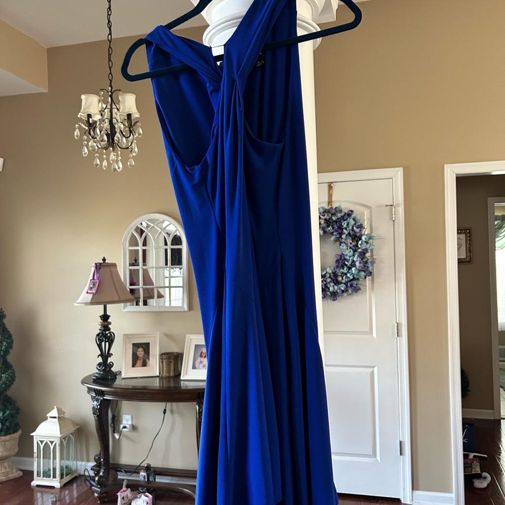 MSK Blue Asymmetrical Midi Gown Plunge Neckline
